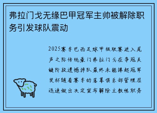 弗拉门戈无缘巴甲冠军主帅被解除职务引发球队震动 弗拉门戈无缘巴甲冠军主帅被解除职务引发球队震动